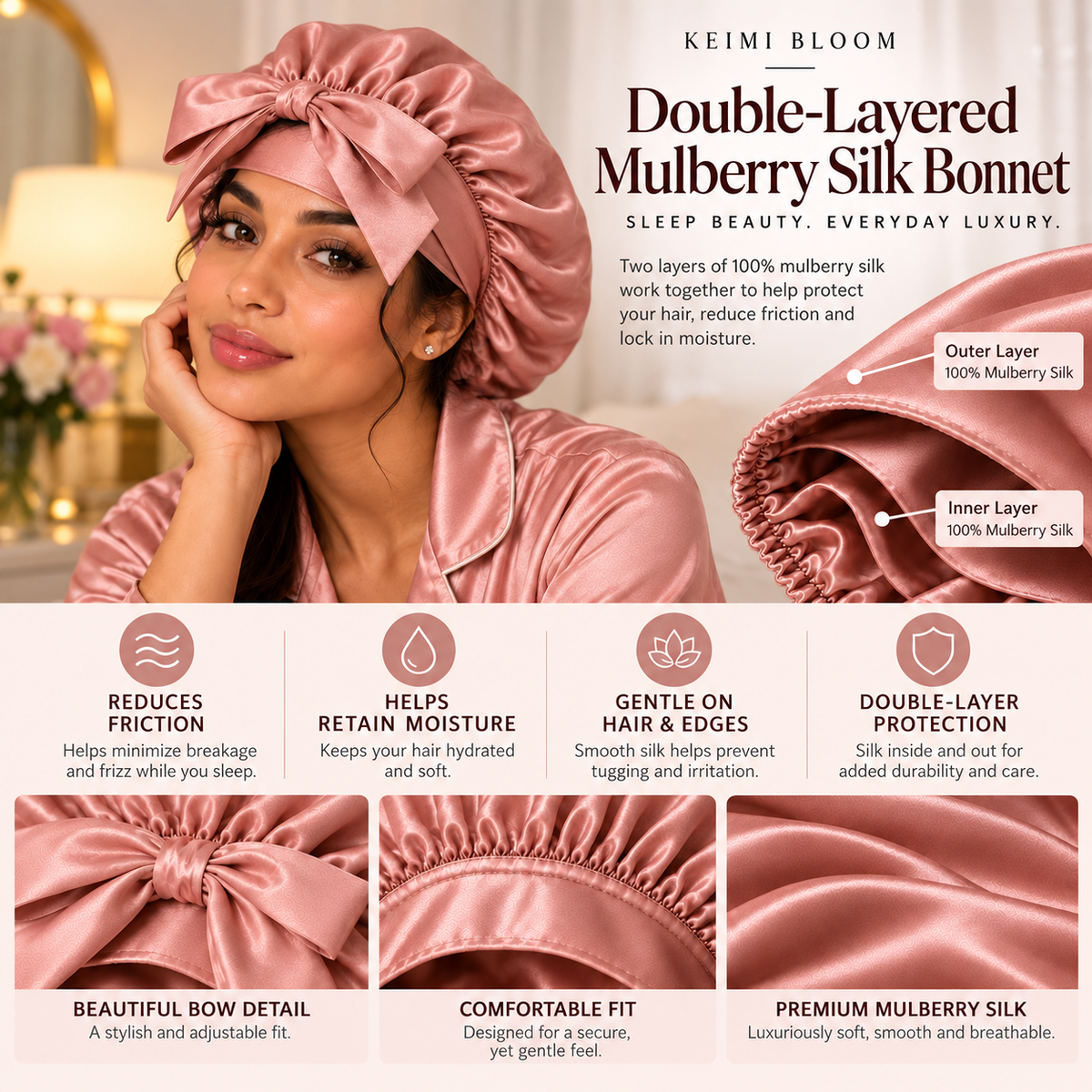 Keimi Bloom 22 Momme Double-Layer Silk Elastic-Band Bonnet
