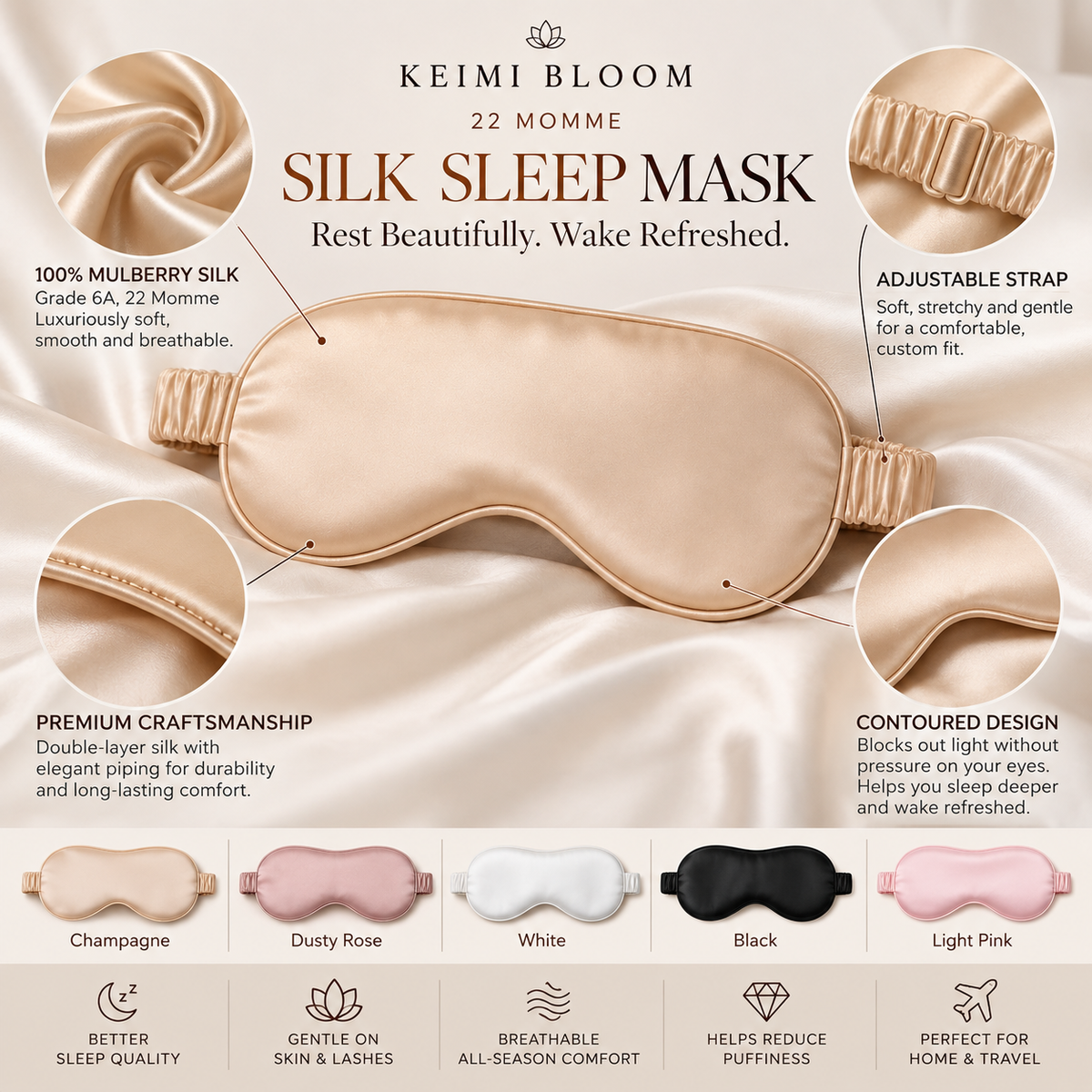 Keimi Bloom 22 Momme Silk Sleep Mask