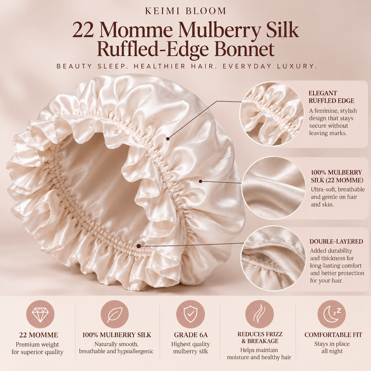 KEIMI BLOOM 22 Momme Mulberry Silk Ruffled-Edge Bonnet