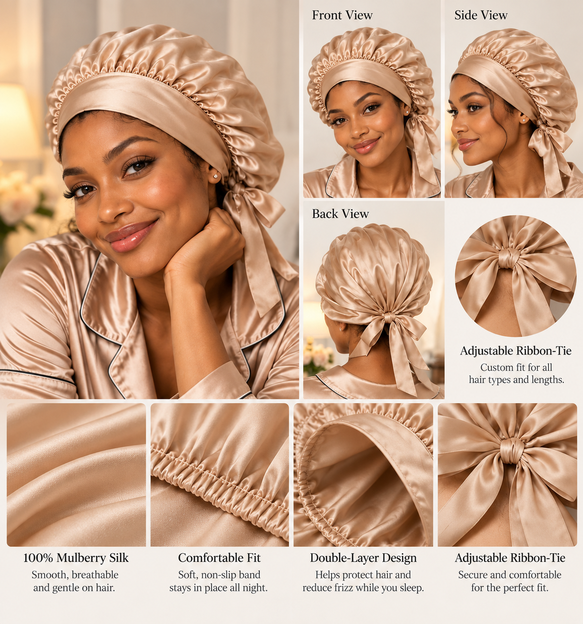 Keimi Bloom 22 Momme Mulberry Silk Ribbon-Tie Bonnet