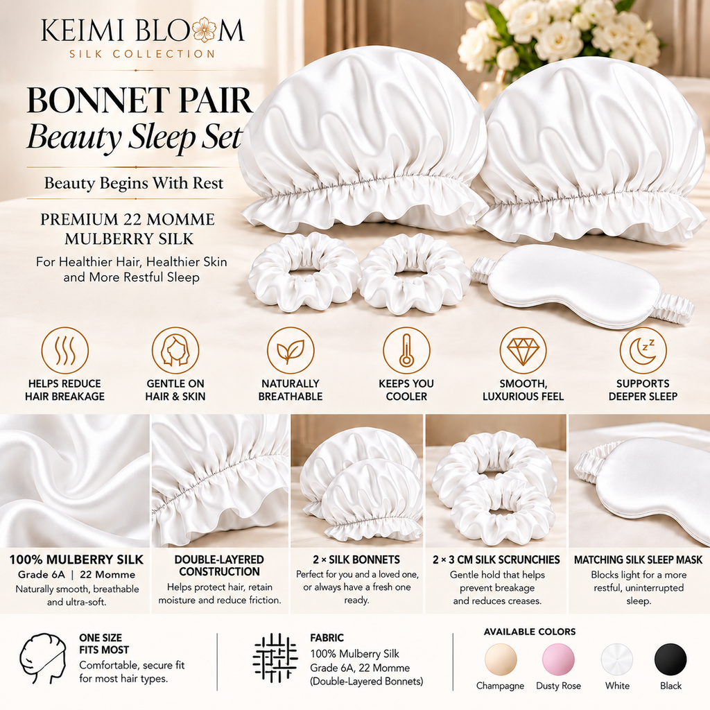 KEIMI BLOOM Bonnet Pair Beauty Sleep Set infographic in white, showing two silk bonnets, one sleep mask, and two scrunchies; no set weight stated.