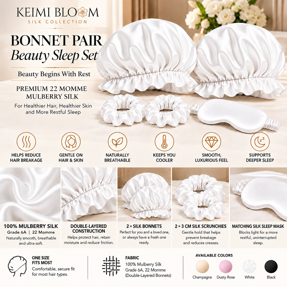 KEIMI BLOOM Bonnet Pair Beauty Sleep Set infographic in white, showing two silk bonnets, one sleep mask, and two scrunchies; no set weight stated.