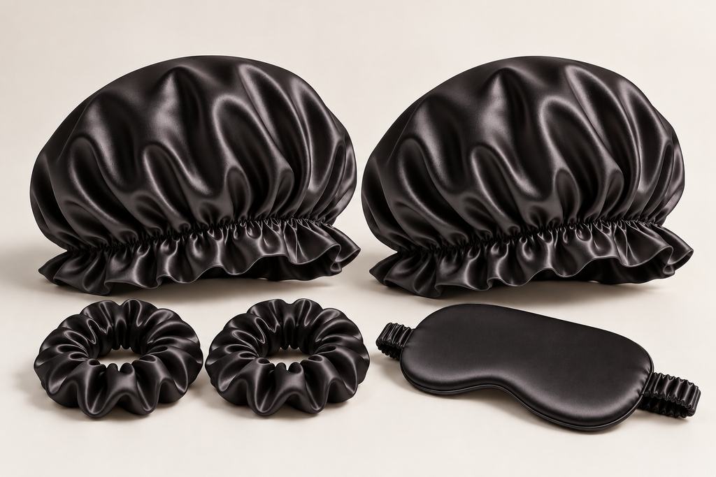 Bonnet Pair Beauty Sleep Set in Black: two double-layer ruffled-edge bonnets, one silk sleep mask and two 3 cm silk scrunchies. Product-only image; no gift box included.