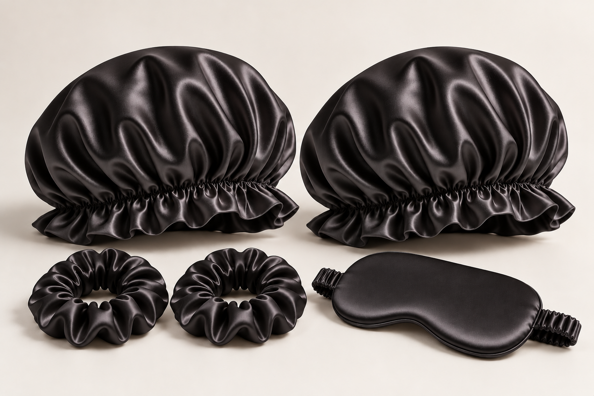 Bonnet Pair Beauty Sleep Set in Black: two double-layer ruffled-edge bonnets, one silk sleep mask and two 3 cm silk scrunchies. Product-only image; no gift box included.