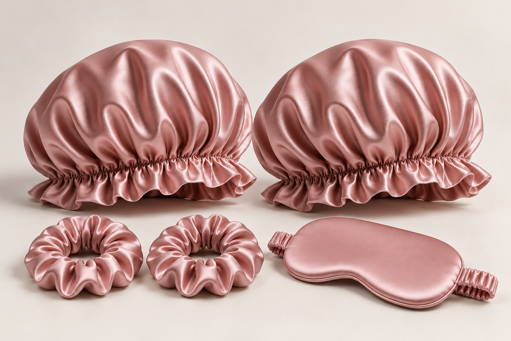 Bonnet Pair Beauty Sleep Set in Dusty Rose: two double-layer ruffled-edge bonnets, one silk sleep mask and two 3 cm silk scrunchies. Product-only image; no gift box included.