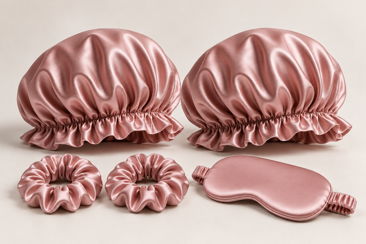 Bonnet Pair Beauty Sleep Set in Dusty Rose: two double-layer ruffled-edge bonnets, one silk sleep mask and two 3 cm silk scrunchies. Product-only image; no gift box included.