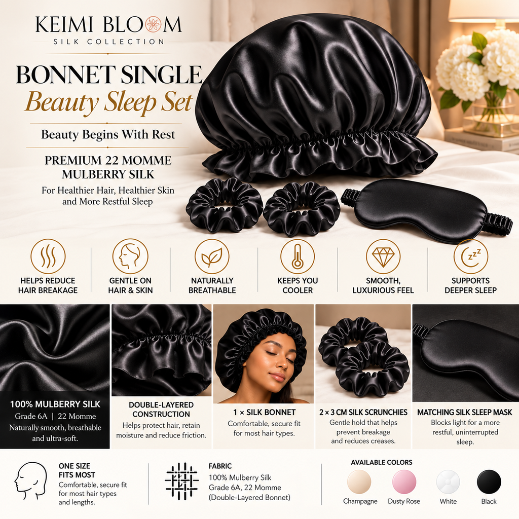 KEIMI BLOOM Bonnet Single Beauty Sleep Set infographic in black, showing one silk bonnet, one sleep mask, and two scrunchies; no set weight stated.