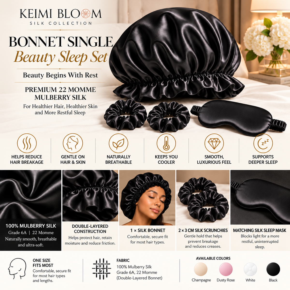 KEIMI BLOOM Bonnet Single Beauty Sleep Set infographic in black, showing one silk bonnet, one sleep mask, and two scrunchies; no set weight stated.