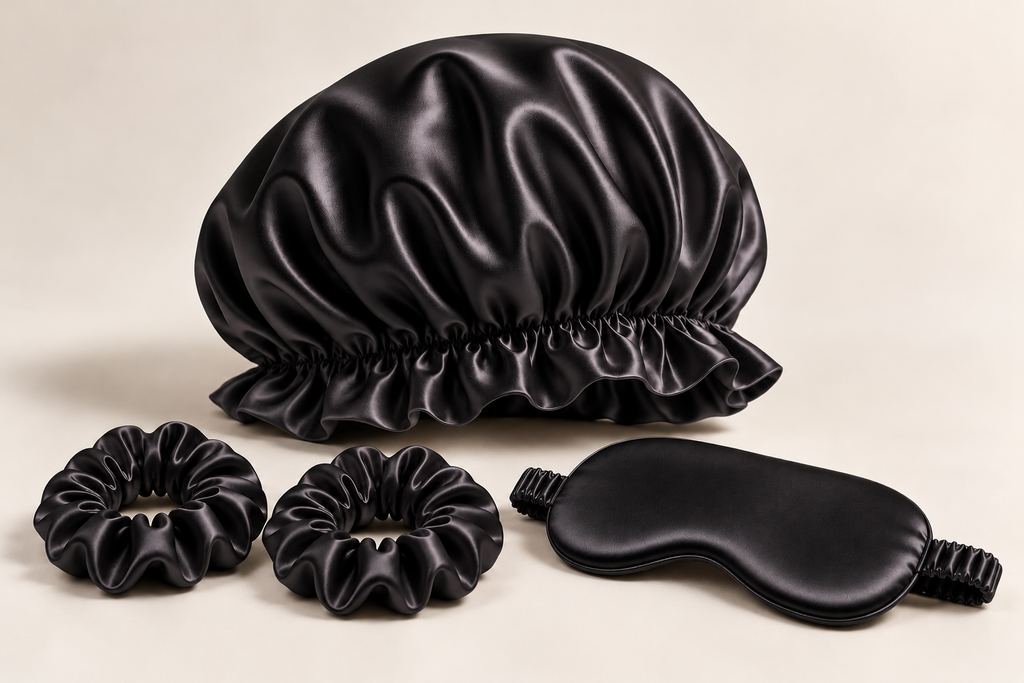 Bonnet Single Beauty Sleep Set in Black: one double-layer ruffled-edge bonnet, one silk sleep mask and two 3 cm silk scrunchies. Product-only image; no gift box included.