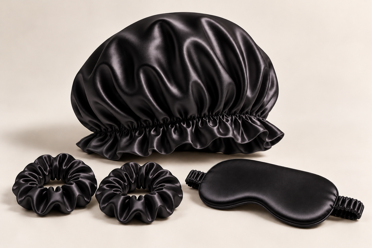 Bonnet Single Beauty Sleep Set in Black: one double-layer ruffled-edge bonnet, one silk sleep mask and two 3 cm silk scrunchies. Product-only image; no gift box included.