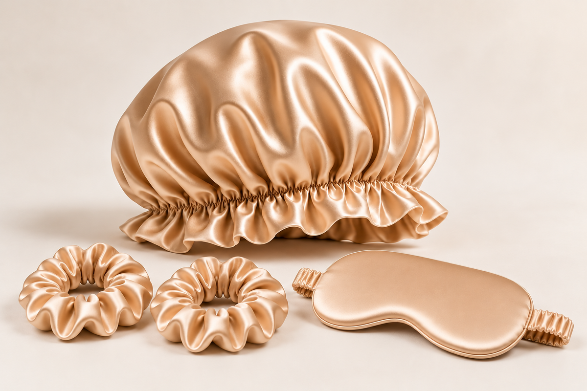 Bonnet Single Beauty Sleep Set in Champagne: one double-layer ruffled-edge bonnet, one silk sleep mask and two 3 cm silk scrunchies. Product-only image; no gift box included.