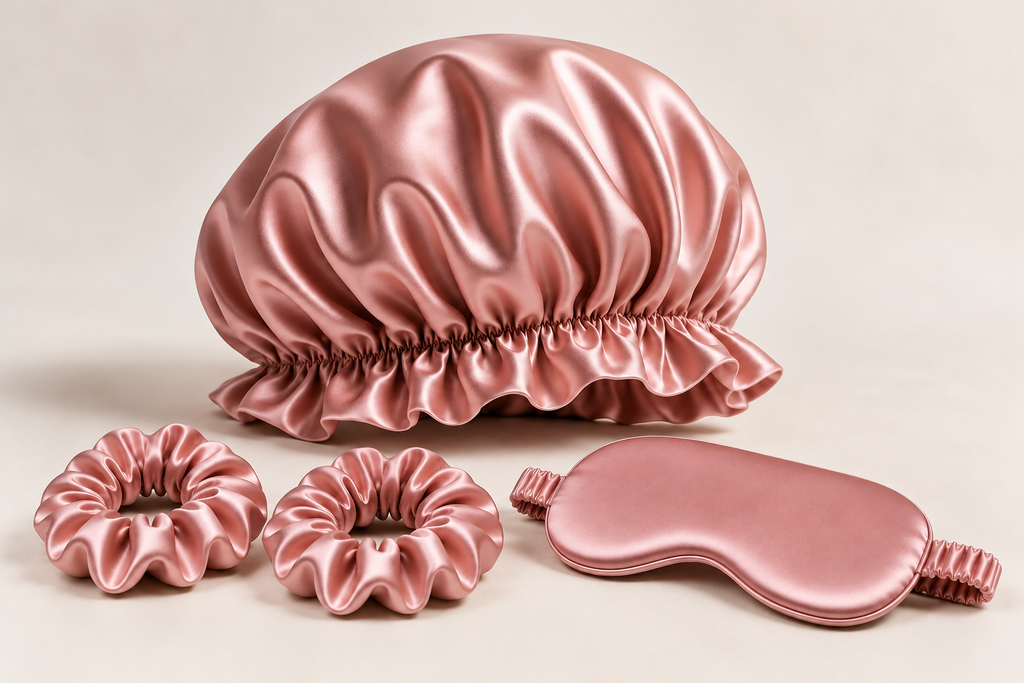 Bonnet Single Beauty Sleep Set in Dusty Rose: one double-layer ruffled-edge bonnet, one silk sleep mask and two 3 cm silk scrunchies. Product-only image; no gift box included.
