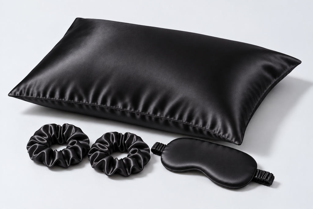 Pillowcase Single Beauty Sleep Set in Black: one 50 × 70 cm envelope-closure silk pillowcase, one silk sleep mask and two 3 cm silk scrunchies. Product-only image; no gift box included.