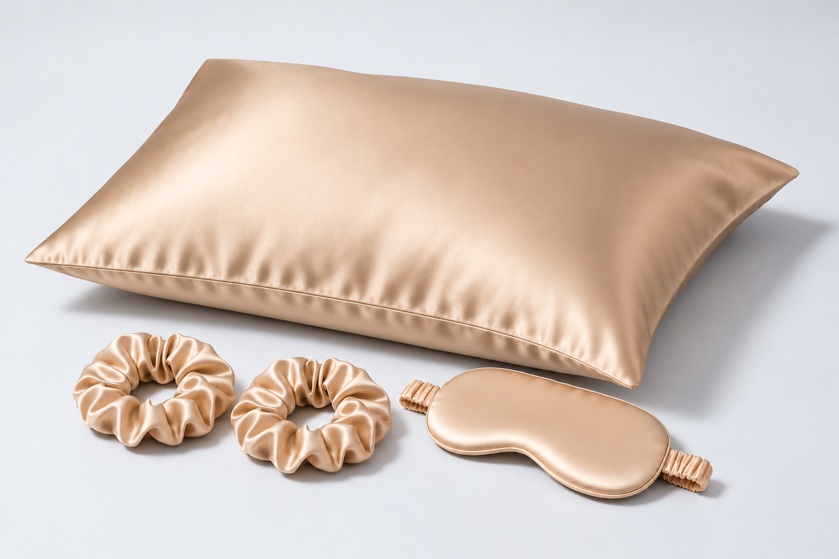 Pillowcase Single Beauty Sleep Set in Champagne: one 50 × 70 cm envelope-closure silk pillowcase, one silk sleep mask and two 3 cm silk scrunchies. Product-only image; no gift box included.
