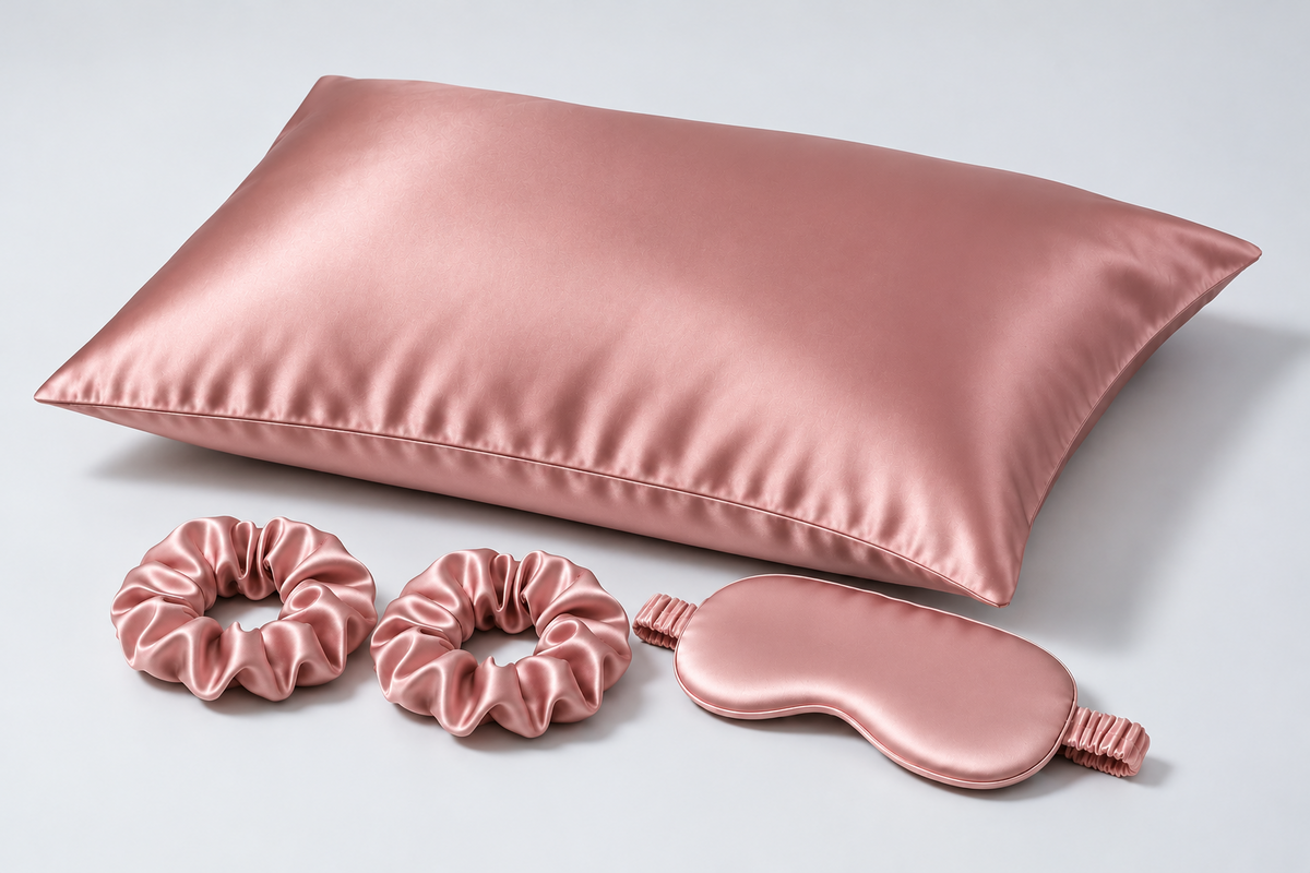 Pillowcase Single Beauty Sleep Set in Dusty Rose: one 50 × 70 cm envelope-closure silk pillowcase, one silk sleep mask and two 3 cm silk scrunchies. Product-only image; no gift box included.