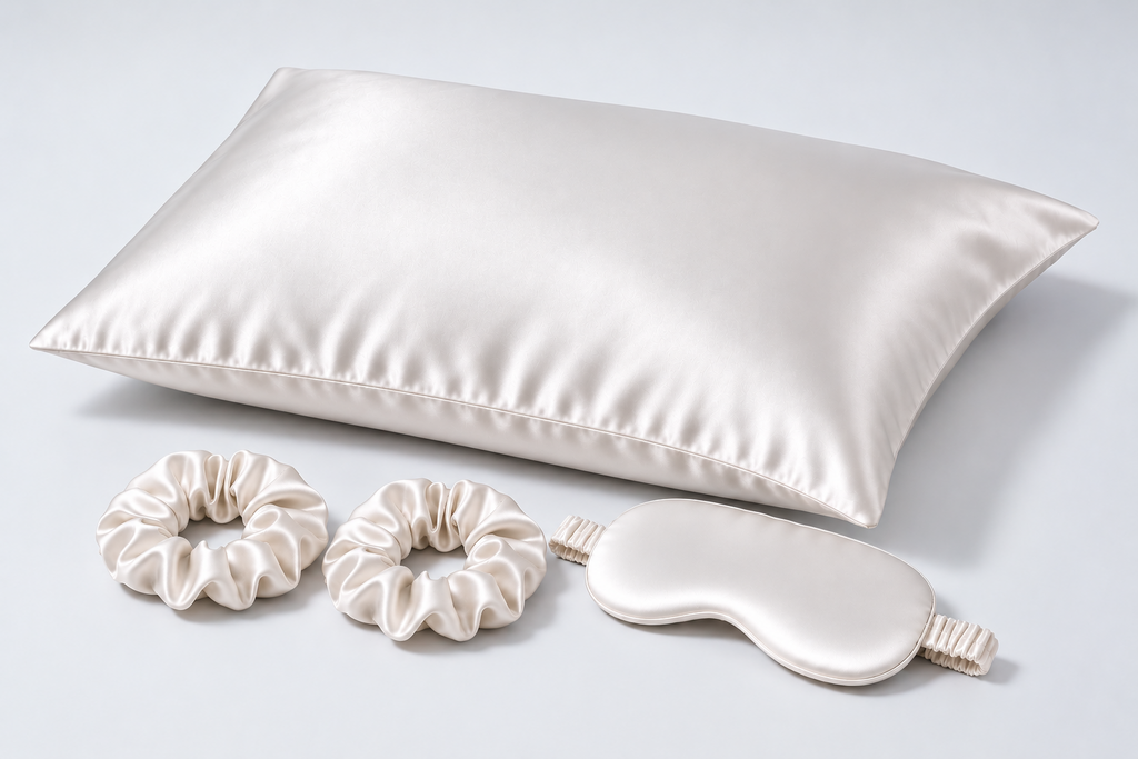 Pillowcase Single Beauty Sleep Set in White: one 50 × 70 cm envelope-closure silk pillowcase, one silk sleep mask and two 3 cm silk scrunchies. Product-only image; no gift box included.