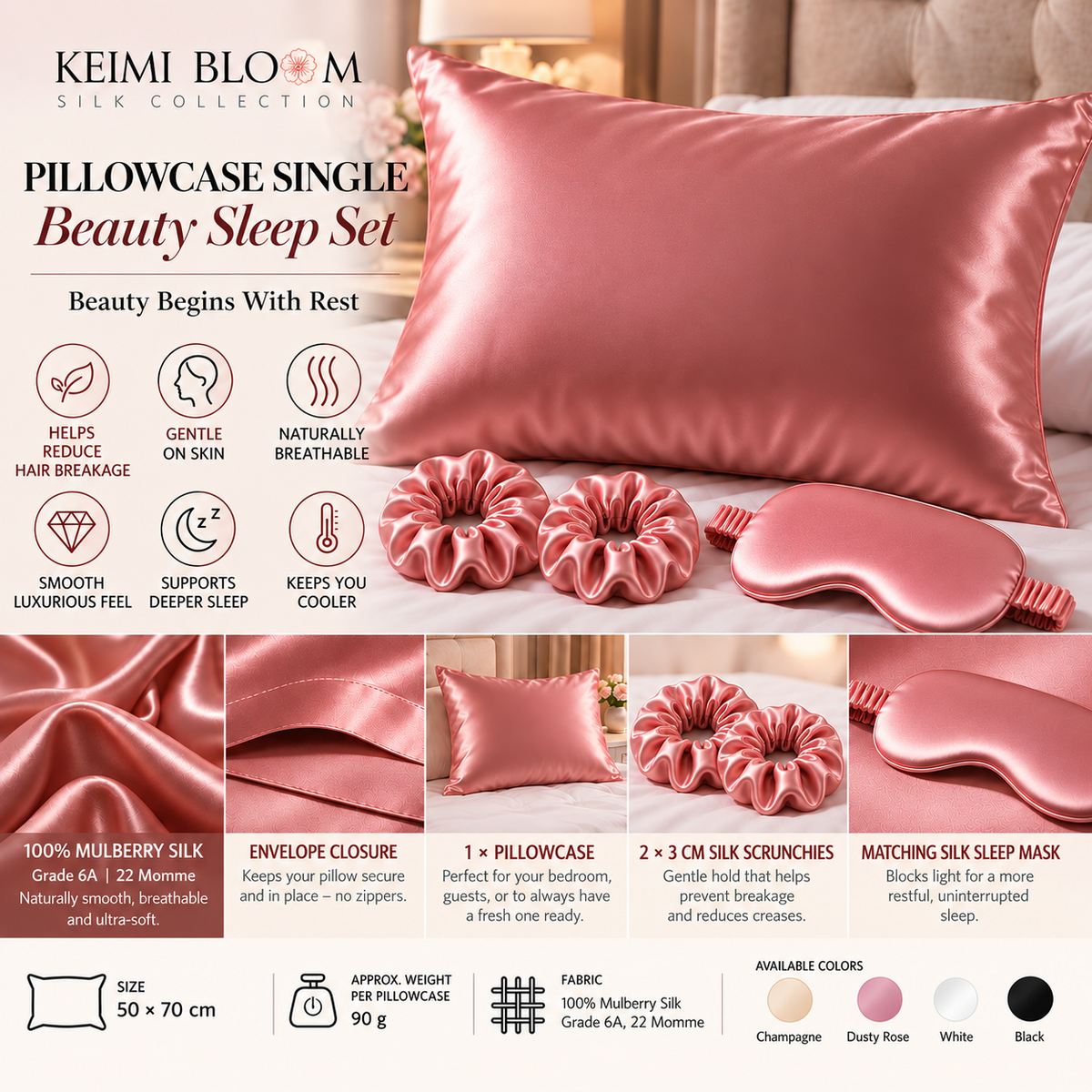 Pillowcase Single Beauty Sleep Set advertisement showing one 50 × 70 cm silk pillowcase, one silk sleep mask, and two 3 cm silk scrunchies.